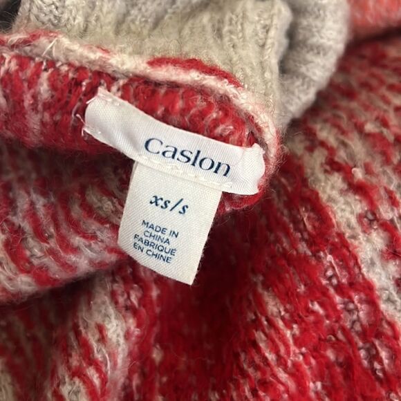 Caslon Jacquard Button Cowl Neck Sweater-Knit Poncho Red Salmon Gray Siz… - Picture 17 of 17